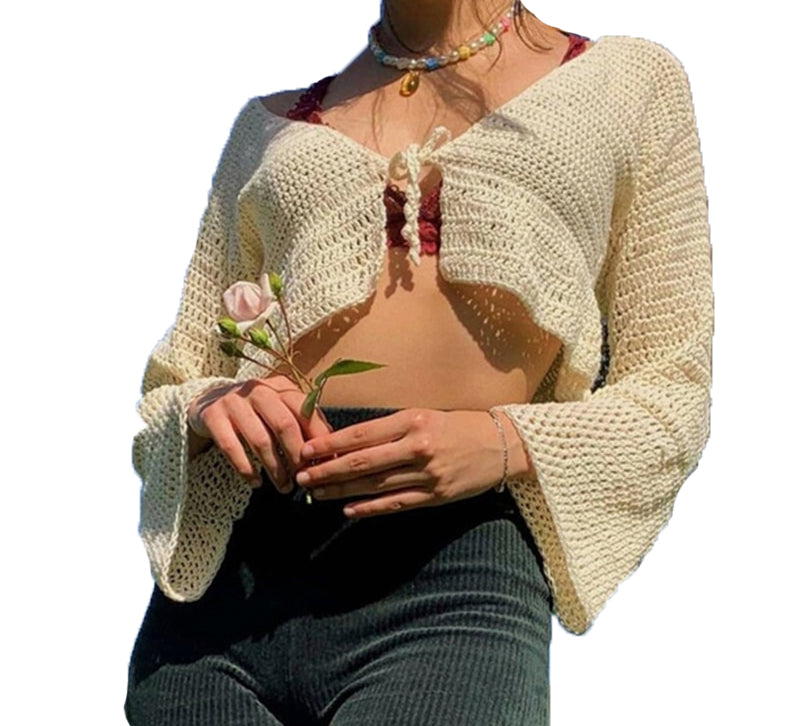 Cottagecore Clothing, Tie-Up Knitted Crop Top - Faecore Aesthetic, Vintage Retro Long Flare Sleeve Sweater - Women Chic V-Neck Crochet Cardigan