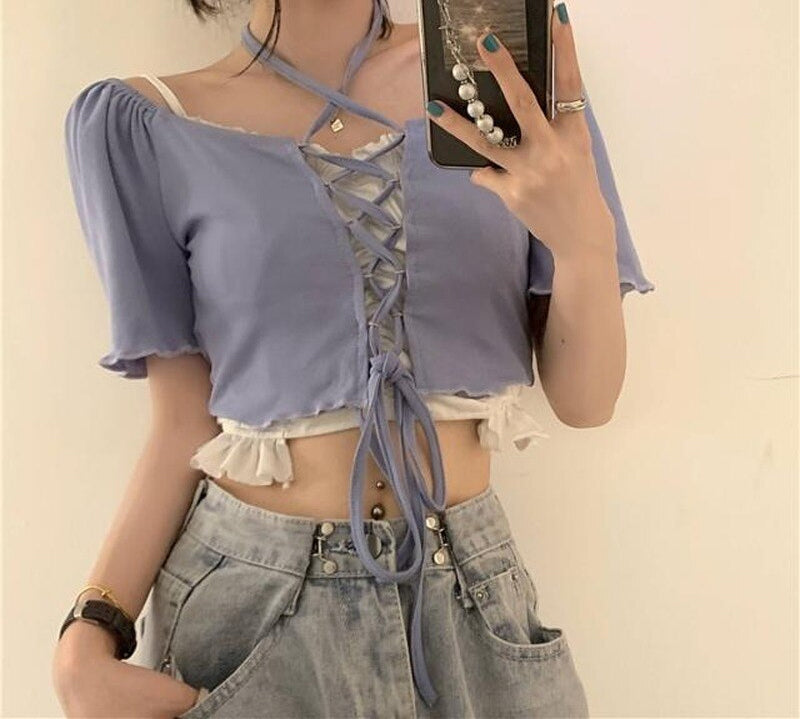 Cottagecore Clothing Women Two Piece Top Set - All Match Retro Casual Bandage Short Sleeve Off-Shoulder T-Shirt and Ruffled Spaghetti Straps Camis