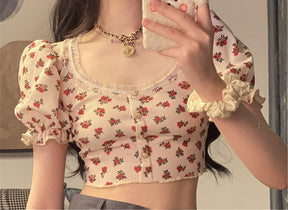 Vintage Tea Time Cottagecore Crop Top - Floral Lace Patchwork Fairycore T-Shirt - Casual Ruffle Short Sleeve Blouse Top