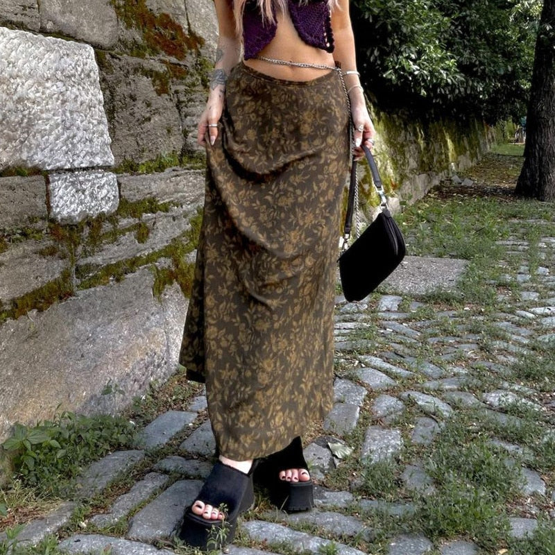 Vintage Floral Print Maxi Skirt - Y2k Aesthetic, Grunge Fairycore