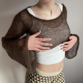 Vintage Smock Knitted Crop Top - Pagan Aesthetic, O-Neck Long Flare Sleeve T-Shirt - Women Hollow Out Retro Chic Cropped Blouse