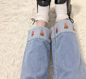 Strawberry Embroidery Denim Jeans - Cottagecore Aesthetic, Elastic Waist Ankle-Length Jeans - Women Pockets Casual Straight Jeans