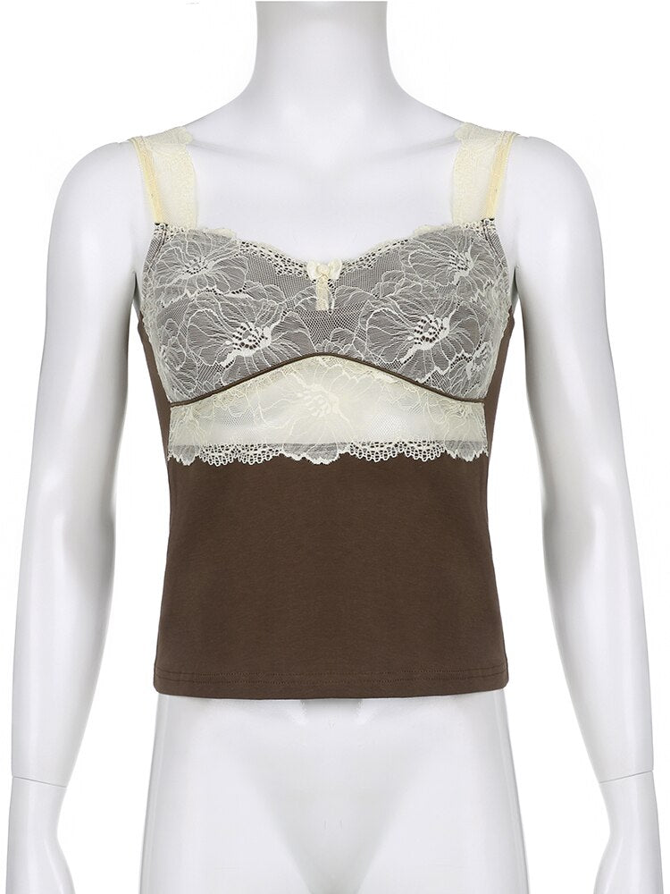 Coquette Bow Lace Tank Top - Cottagecore Aesthetic Square Collar Shoulder Strap Crop Top - Women Chic Retro Brown Sleeveless Camis