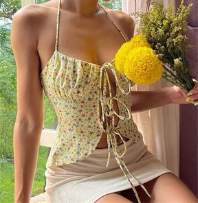 Sweet Lemonade Vintage Floral Printed Boho Camisole - Y2k Aesthetic, Hollow Out Lace Up Fairycore Tank Top - Women Backless Halter Crop Top