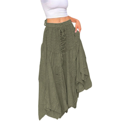 Daughter of Trees Vintage Pleated Elastic Waist Maxi Skirt - Faecore Aesthetic, Retro A-Line Long Skirt - Women Irregular Hem Ruffled Boho Skirt