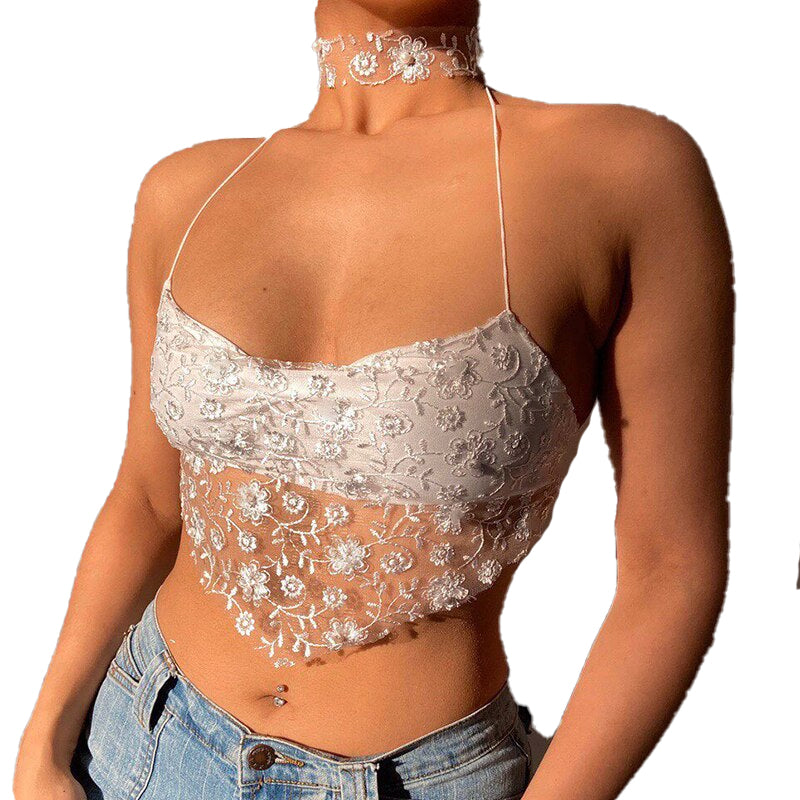 Fairycore Mesh Floral Lace Crop Top - Y2k Aesthetic, Backless Halter Neck Choker Cami Top - Women Spaghetti Straps Tank Top