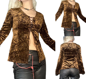 Y2k Brown Velvet Lace Up T-Shirt - Women Fairy Grunge Long Sleeve Cardigan Tee - Vintage Open Front Bandage V-Neck Crop Top