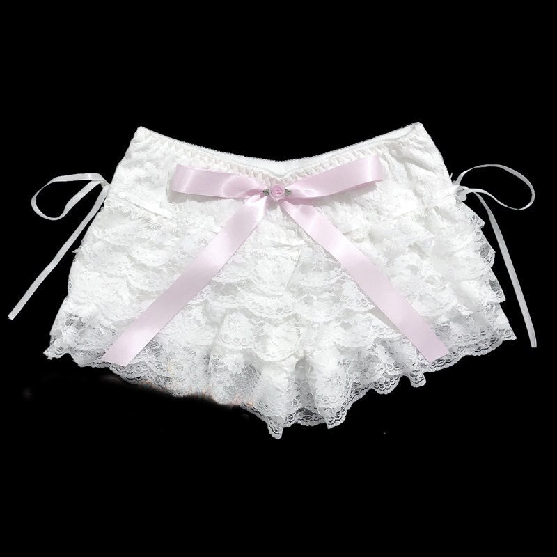 Coquette Aesthetic - Delicate Flower Lace Lolita Shorts - Fairycore Aesthetic, Elastic Waist Ruffles Shorts