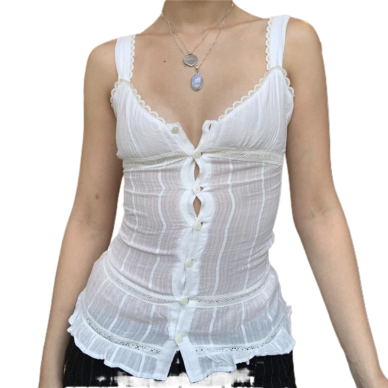 Vintage Milkmaid Camisole - Vintage Lace Trim V-Neck Transparent Fairycore Shirt - Women 90s Retro Cropped Cottagecore Top