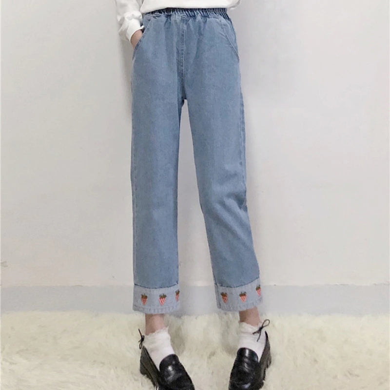 Strawberry Embroidery Denim Jeans - Cottagecore Aesthetic, Elastic Waist Ankle-Length Jeans - Women Pockets Casual Straight Jeans