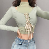 Vintage Green Ribbed Long Sleeve T-Shirt with Ribbon  - Y2k Aesthetic Fairy Grunge Lace Up Crop Tee 2 Piece Set - Hollow Out Bandage Shirt