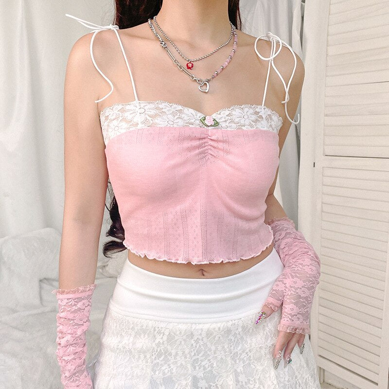 Floral Lace Coquette Camisole - Princesscore Aesthetic, Tie Up Patchwork Spaghetti Strap Shirt - Women Chic Slim Cropped Crop Top