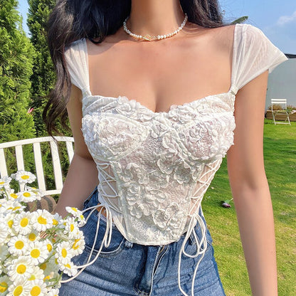 Flower Mesh Embriodery Crop Top - Fairycore Clothing, Square Neck Lace Up Bustier Corset - Women Floral Patchwork Camisole