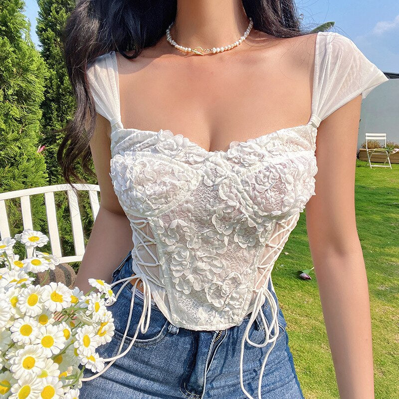 Flower Mesh Embriodery Crop Top - Fairycore Clothing, Square Neck