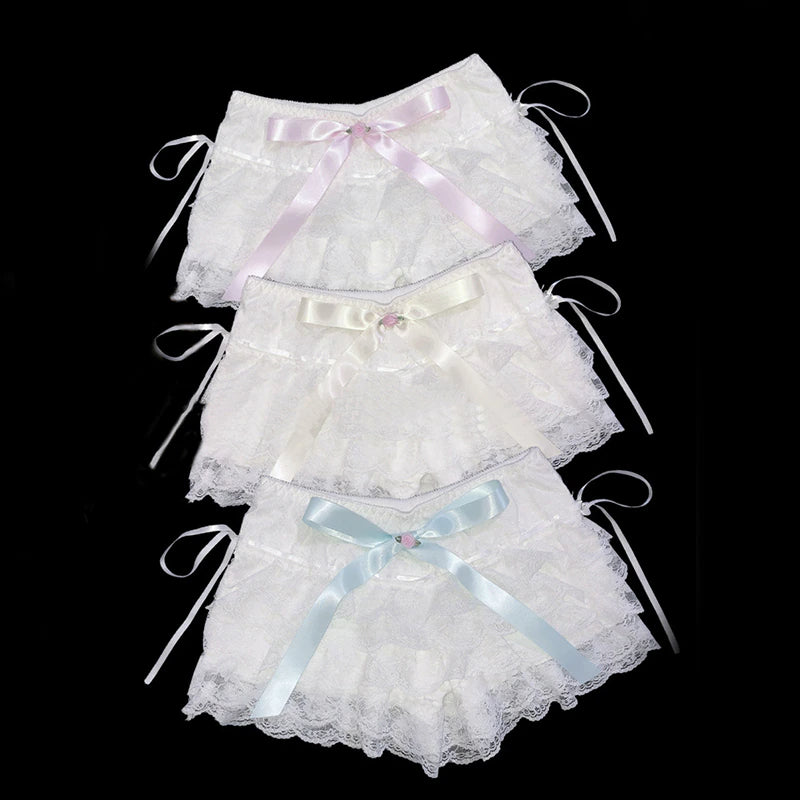 Coquette Aesthetic - Delicate Flower Lace Lolita Shorts - Fairycore Aesthetic, Elastic Waist Ruffles Shorts