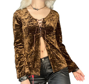 Y2k Brown Velvet Lace Up T-Shirt - Women Fairy Grunge Long Sleeve Cardigan Tee - Vintage Open Front Bandage V-Neck Crop Top