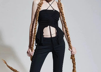 Y2k Criss Cross Halter Crop Top - Grunge Aesthetic, Hollow Out Slim Tie Up Tank Top - Women Ruched Ruffle Sleeveless Camisole