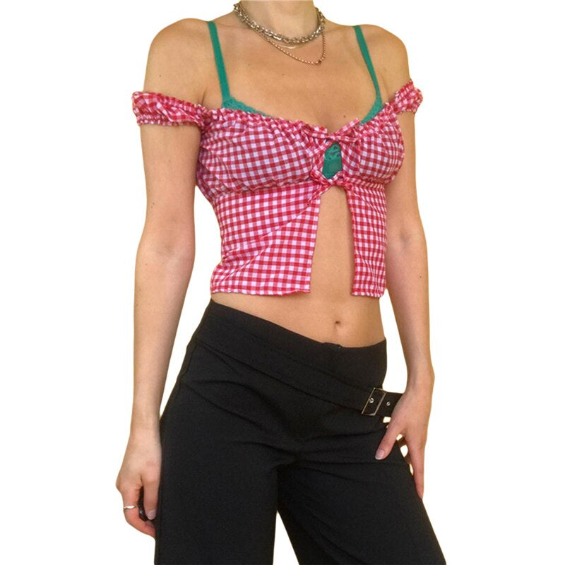 Cottagecore Clothing Off Shoulder Tie Up Plaid Crop Top - Fairycore Grunge Checkered Short Sleeve T Shirt - Women Open Front Bandage Boho Tank Top