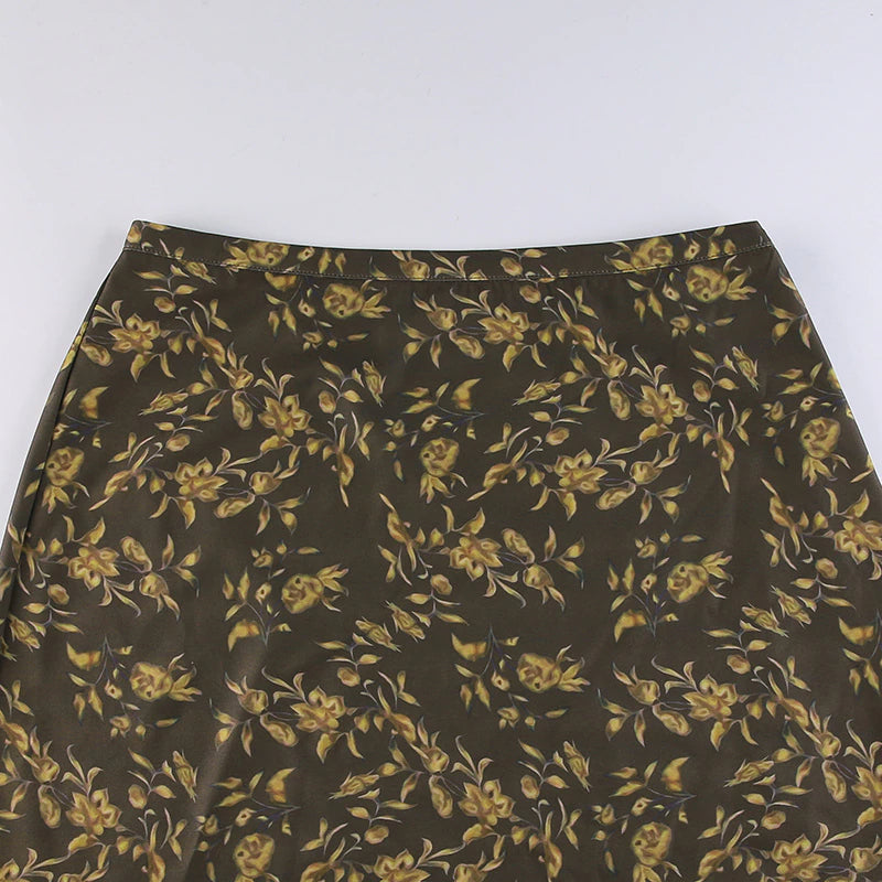 Vintage Floral Print Maxi Skirt - Y2k Aesthetic, Grunge Fairycore Brown Long Skirt