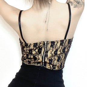 Gothic Black Lace Crop Top - Dark Academia Aesthetic, Back Zip Up V-Neck Cami Top - Women Bow Spaghetti Straps Boho Camisole