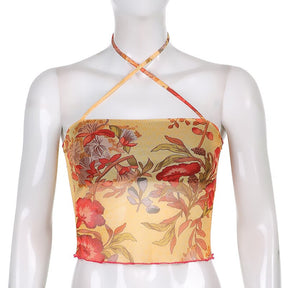Vintage Floral Print Mesh Halter Tank Top - Bohemian Pixie Frill Cross Y2k Crop Top - Women Sleeveless Tie Neck Boho Camis