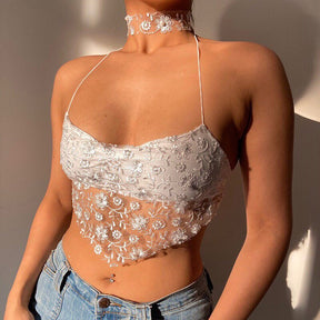 Fairycore Mesh Floral Lace Crop Top - Y2k Aesthetic, Backless Halter Neck Choker Cami Top - Women Spaghetti Straps Tank Top