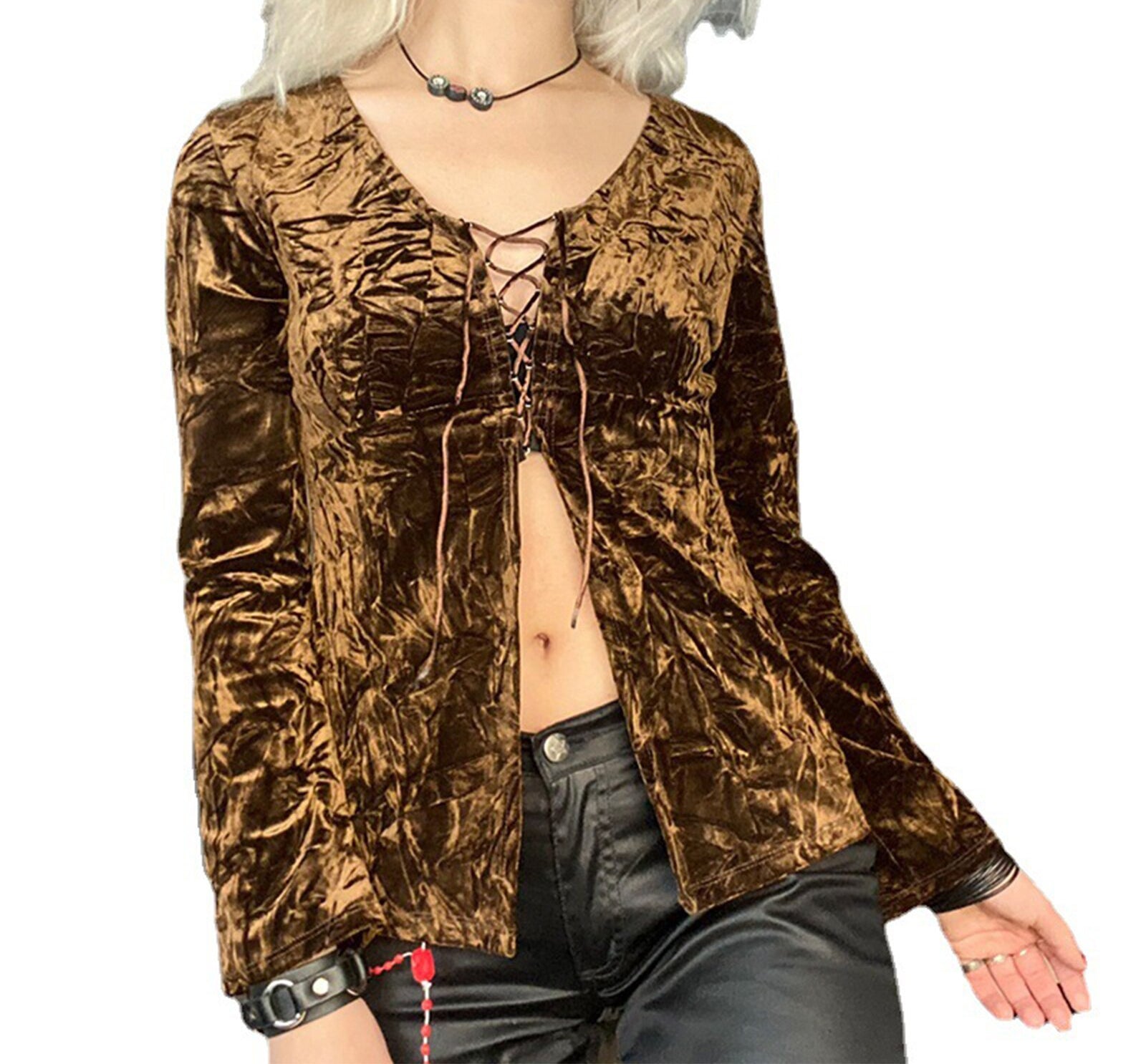 Y2k Brown Velvet Lace Up T-Shirt - Women Fairy Grunge Long Sleeve Cardigan Tee - Vintage Open Front Bandage V-Neck Crop Top | new | Moon and Cottage