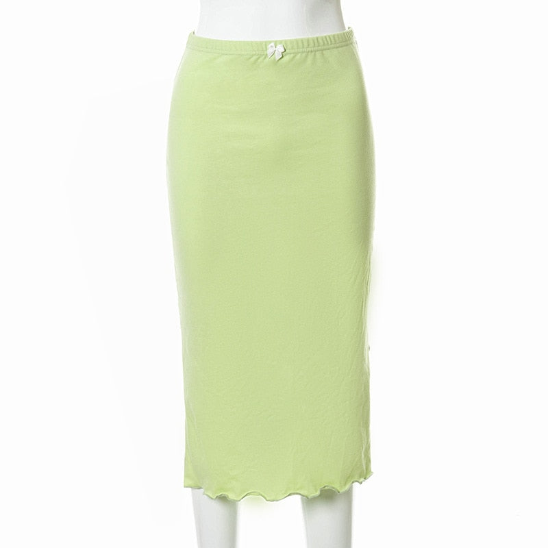Cottagecore Aesthetic - Green High Waist Midi Skirt - Goblincore Aesthetic, Vintage Bodycon Bow Skirt - Women Ruffle Boho Pencil Skirt