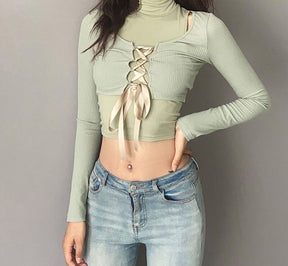 Vintage Green Ribbed Long Sleeve T-Shirt with Ribbon  - Y2k Aesthetic Fairy Grunge Lace Up Crop Tee 2 Piece Set - Hollow Out Bandage Shirt