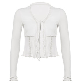 Fairy Grunge Frill Tie Up T-Shirt - Y2k Aesthetic, Open Front V-Neck Pleated Cardigan - Women Long Sleeve Slim Fit Crop Top