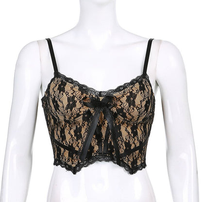 Gothic Black Lace Crop Top - Dark Academia Aesthetic, Back Zip Up V-Neck Cami Top - Women Bow Spaghetti Straps Boho Camisole