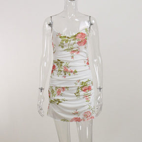 Vintage Floral Print Mini Dress - Fairycore Aesthetic, Slash Neck Backless Boho Dress - Women Mesh Spaghetti Straps Y2k Dress