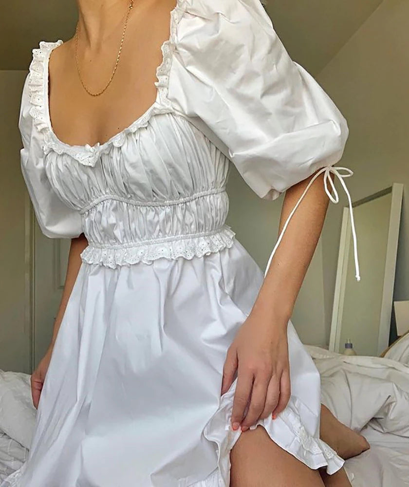 My Darling White Lace Ruffled Bust Mini Dress - Cottagecore Aesthetic, Square Neck High Waist Dress - Women A-Line Short Puff Sleeve Dress