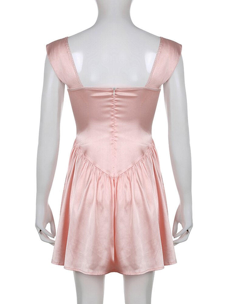 Hot sweet Pink Fold Dress Women Fashion Coquette Clothes A-Line