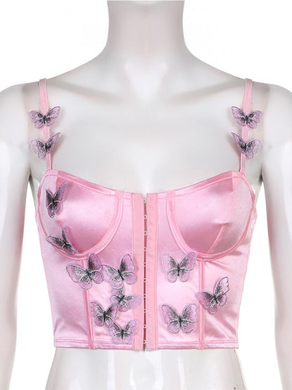 Butterfly Appliques Fairycore Bustier Corset - Y2k Aesthetic, Pink Satin Spaghetti Straps Camisole - Women Sleeveless Tank Top