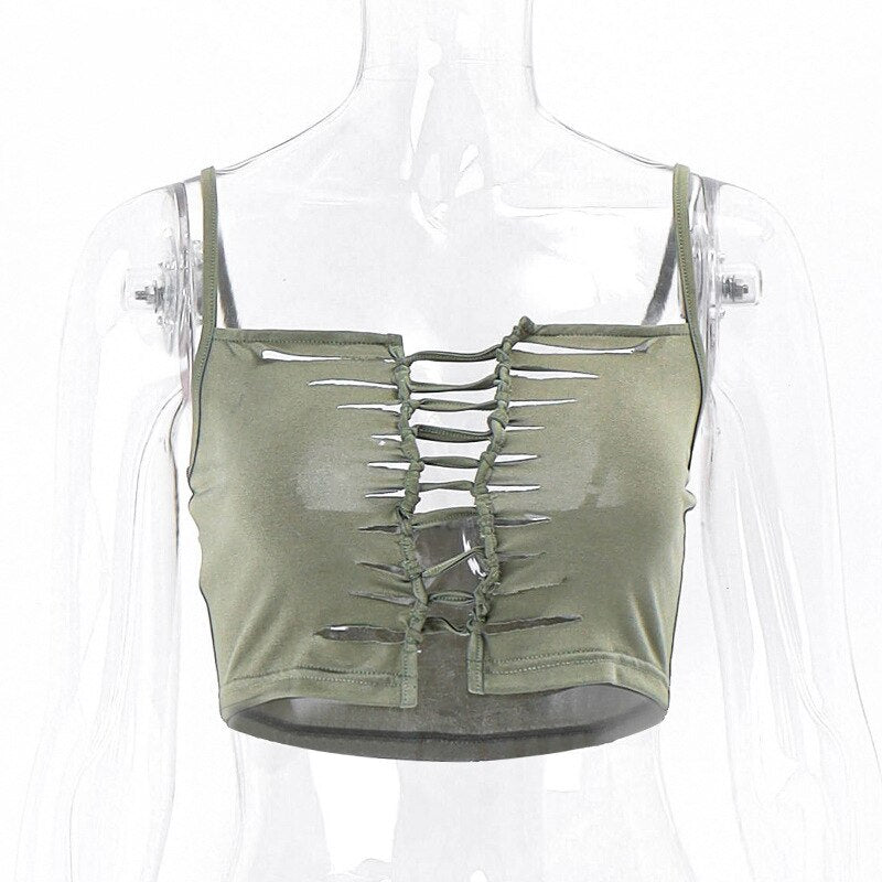 Grunge Fairycore Hollow Out Cropped Tank Top - Cottagecore Aesthetic, Sleeveless Halter Neck Corset Top - Pixie Women Spaghetti Straps Y2k Camisole