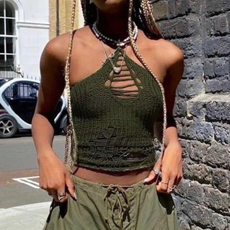 Hollow Out Green Knitted Halter Crop Top - Grunge Faiycore Aesthetic 90s Women Retro Backless Cami Top - Vintage Sleeveless Boho Pixie Tank Top