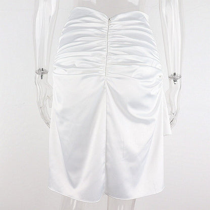 High Waist Satin Mini Pencil Skirt - Y2k Aesthetic Drawstring Ruched Fairycore Skirt - Vintage Silk Fold Stitching Boho Skirt