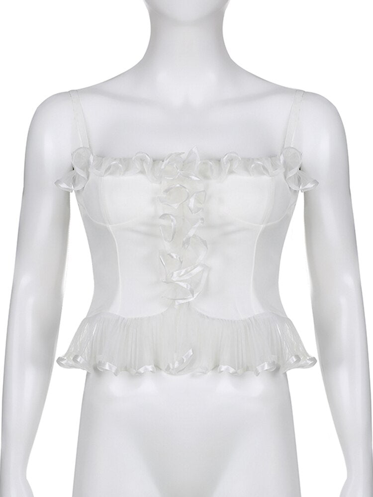 Dollette White Sleeveless Mesh Ruffle Crop Top - Fairycore Aesthetic, Lace Backless Satin Y2k Corset - Women Square Neck Boho Tank Top
