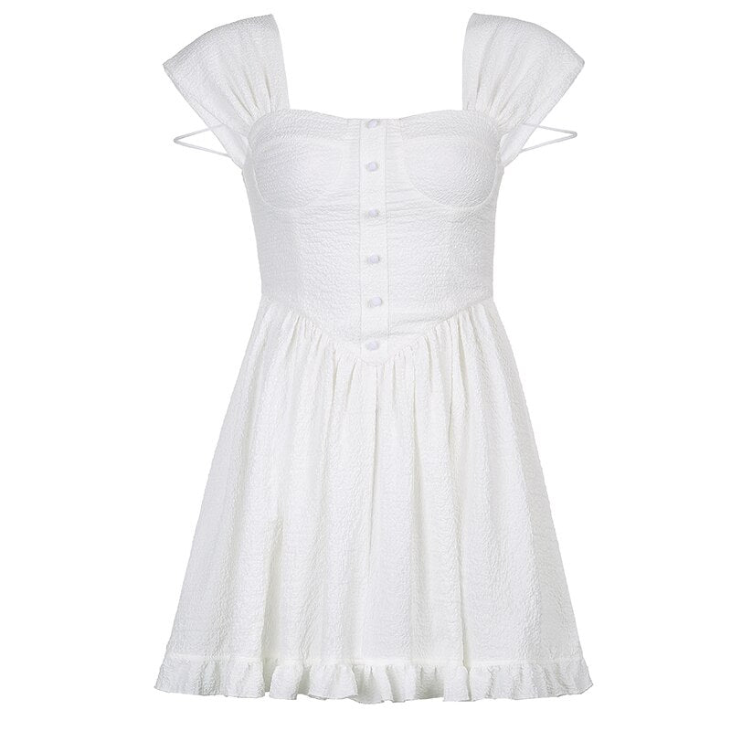 Cottagecore Aethetic | Elegant White Off Shoulder Mini Dress - Fairycore Aesthetic, Front Button Corset Dress