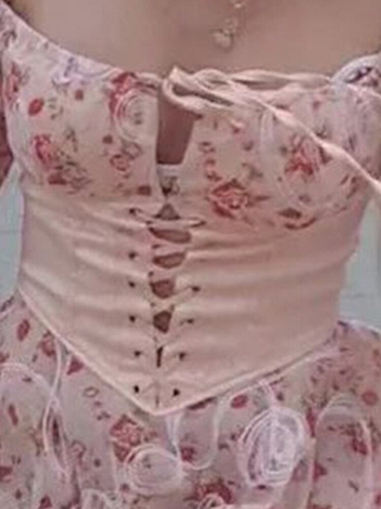 Coquette Aesthetic - Pink Floral Corset Dress - Cottagecore Long Sleeve Chiffon Mini Dress