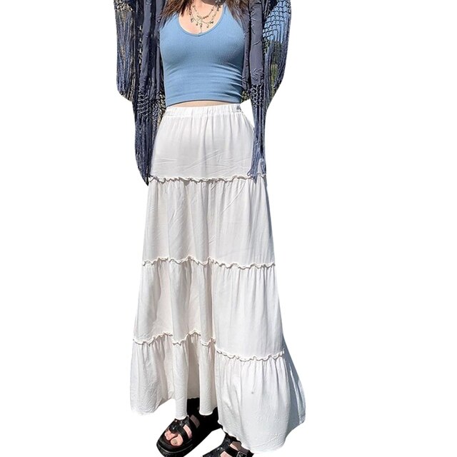 Y2k White Frill Pleated Long Skirt - Grunge Fairycore High Waist A