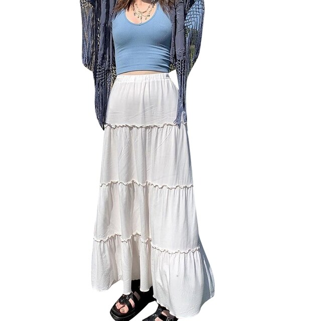 Y2k White Frill Pleated Long Skirt - Grunge Fairycore High Waist A-Line Maxi Skirt - Women Retro Chic Ankle-Length Boho Skirt