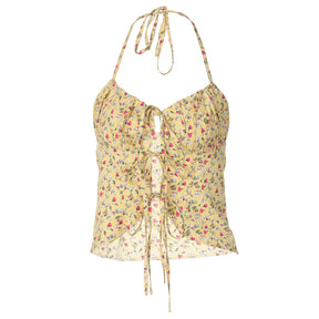 Sweet Lemonade Vintage Floral Printed Boho Camisole - Y2k Aesthetic, Hollow Out Lace Up Fairycore Tank Top - Women Backless Halter Crop Top