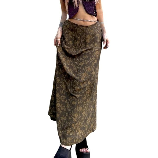 Vintage Floral Print Maxi Skirt - Y2k Aesthetic, Grunge Fairycore Brown Long Skirt | new | Moon and Cottage