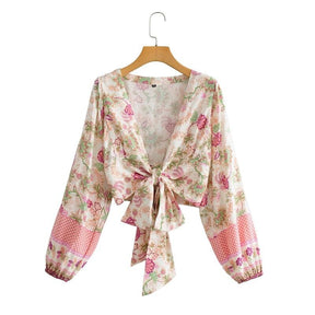 Vintage Floral Cottagecore Matching Set - Fairycore Aesthetic, Women High-Waisted Long Sleeves Boho Top & Flowy Skirt