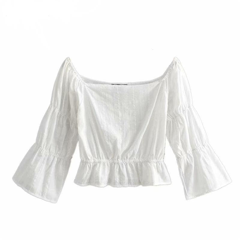 White Flowy Cottagecore Blouse - Fairycore Aesthetic, Vintage Slash Neck Blouse Shirt - Women Long Sleeve Boho Crop Top