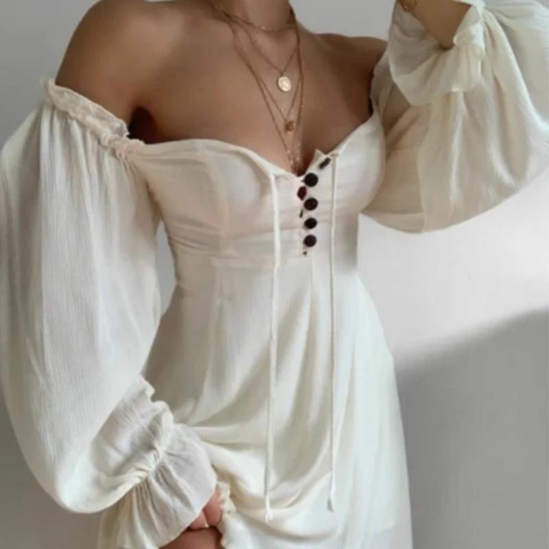 Romantic Bohemian Mini Dress - Lantern Sleeve Deep Neck Lace-Up Fairycore Dress - Women Off Shoulder Cottagecore Dress