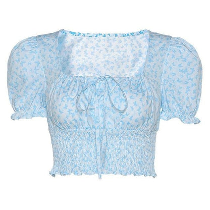 Cottagecore Vintage Butterfly Blouse - Fairycore Aesthetic, Short Puff Sleeves Ruffle Blouse Top - Women Square Neck Top