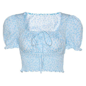 Cottagecore Vintage Butterfly Blouse - Fairycore Aesthetic, Short Puff Sleeves Ruffle Blouse Top - Women Square Neck Top